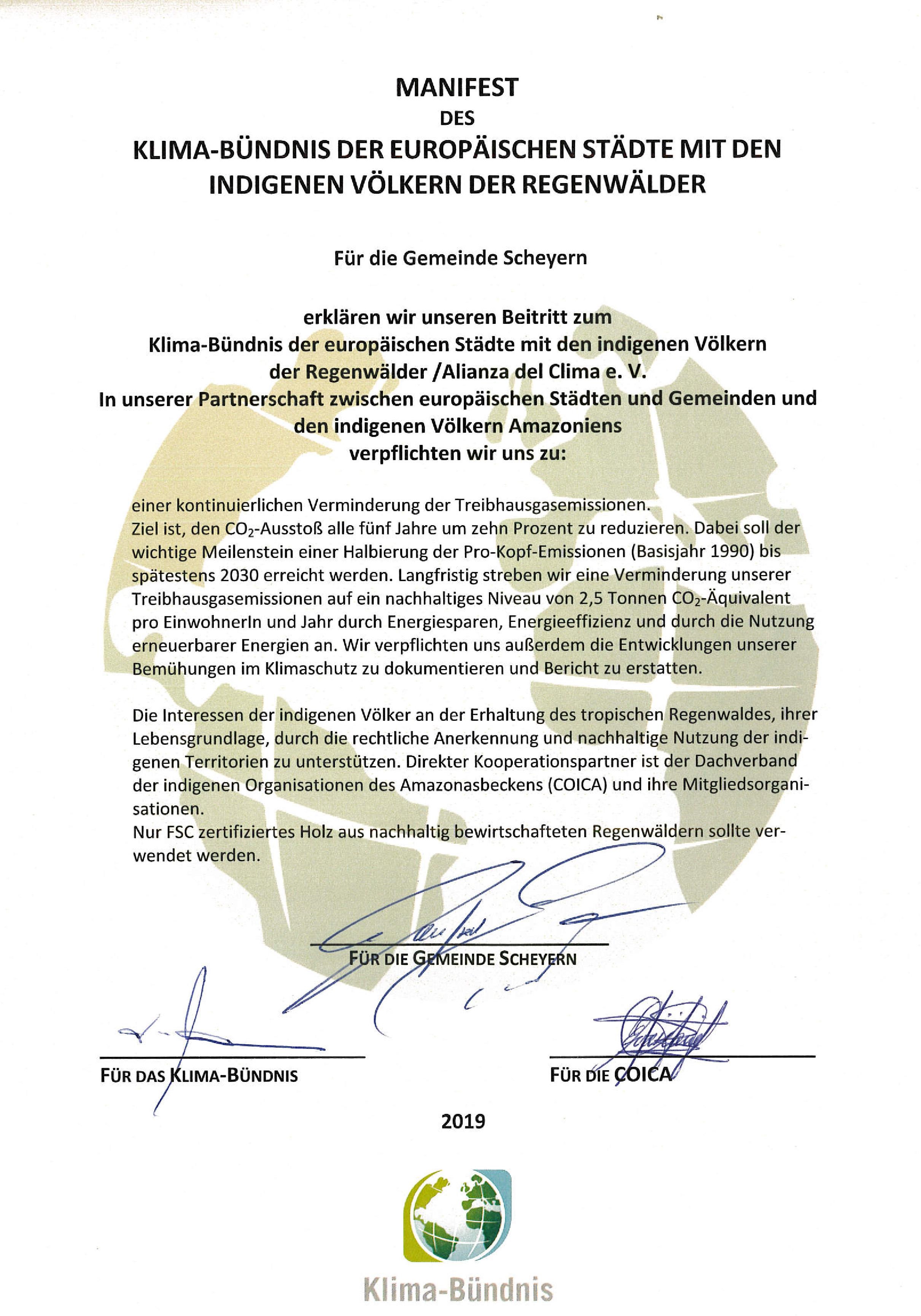 Scheyern, Manifest Klima-Bündnis v. BGM und Klima-Bündnis unterzeichnet